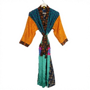 Bata de Seda Étnica Vintage Informal para Mujer, Kimono de Sari Indio Reciclado con Parches, Ropa de Dormir, Bata de Playa y Casa, Primavera Otoño - Product Image 1