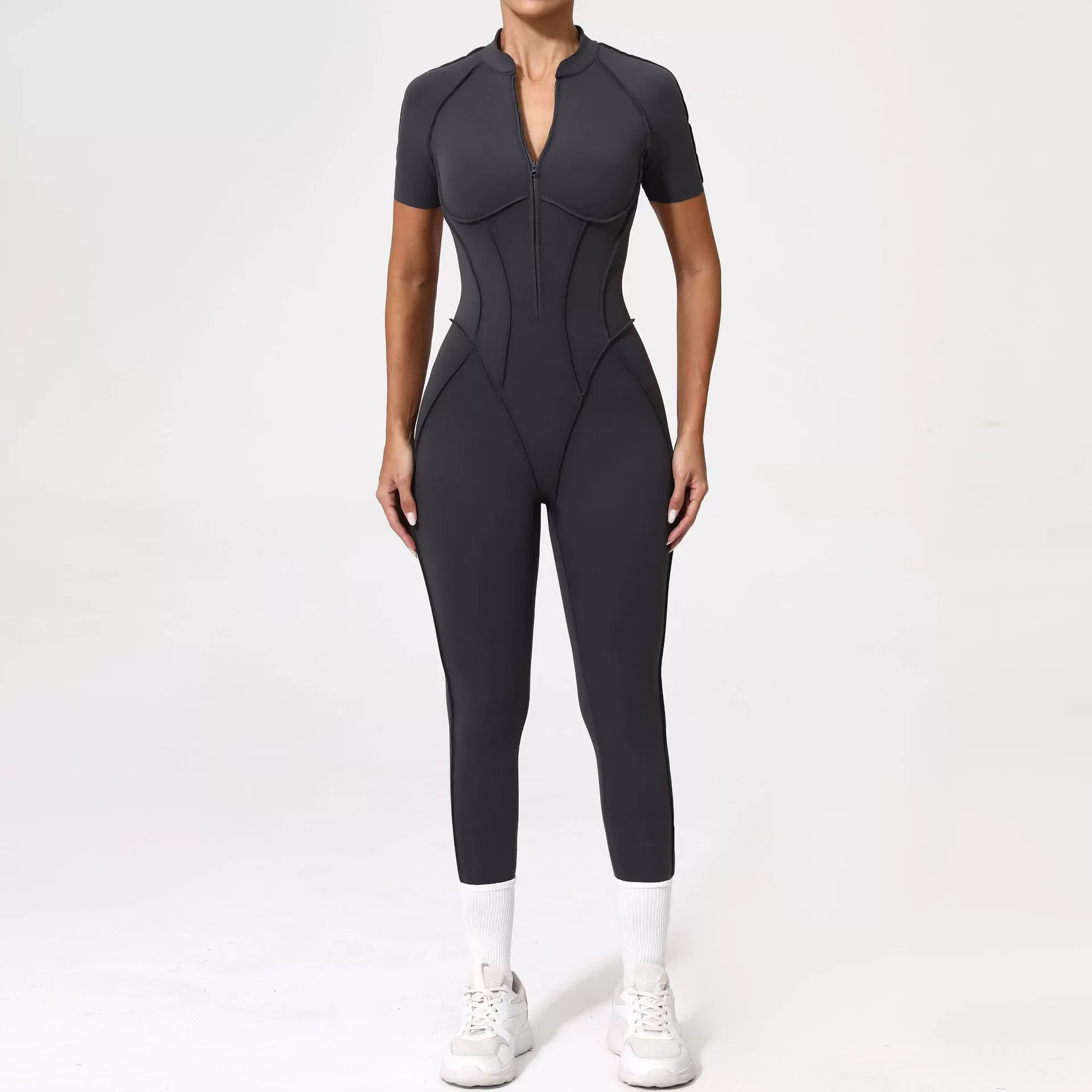 Zip-Up Activewear Jumpsuit: side profile showing stretch, rise and leg-opening fit