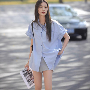 Camisa Azul Claro de Manga Corta para Mujer, Diseño Nuevo de Verano y Otoño 2026, Abrigo de Longitud Media, Sitio Web Oficial - Product Image 3