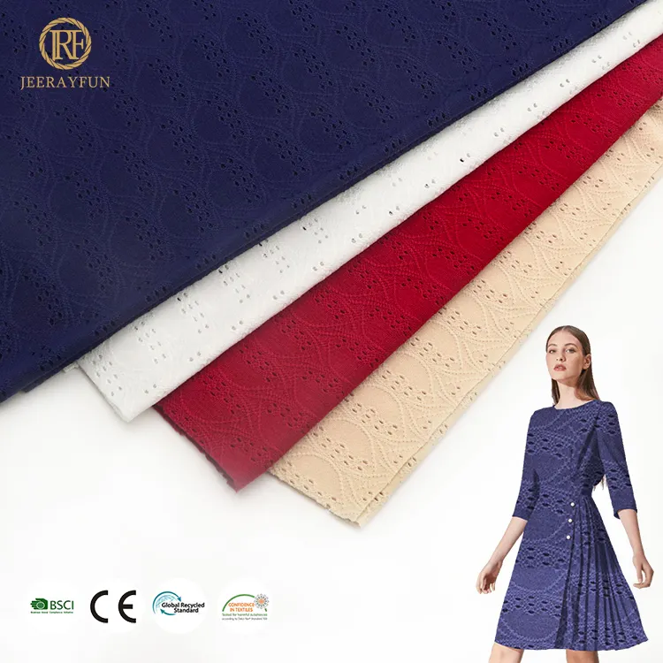 New design simple soft 94%polyester 6%spandex solid color knit dyed hole jacquard water soluble fabric for women dress garment