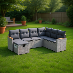 Conjunto de Sofá Modular de Jardín de Ratán PE Gris, 6 Plazas, Muebles de Exterior, Diseño Contemporáneo - Product Image 2