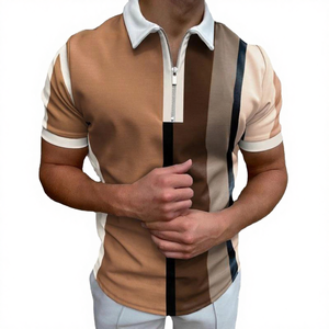 T-shirt décontracté d'été pour homme en polyester tricoté, imprimé rayures colorées, avec fermeture éclair à franges, respirant, manches courtes, 200g, devant - Product Image 4