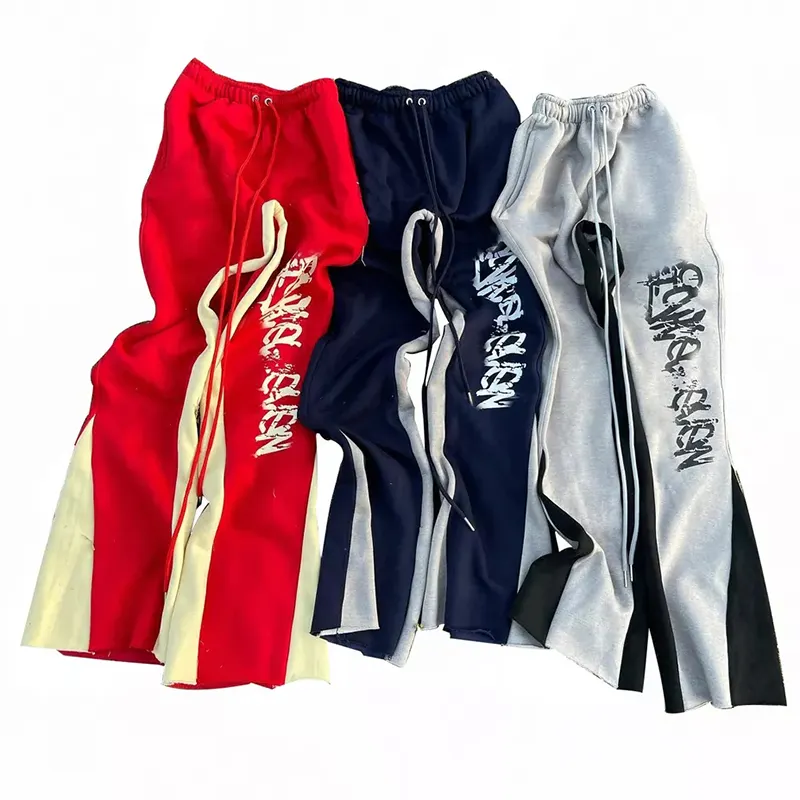 Benutzer definiertes Logo Design Flare Jogging hose Frauen Raw Hems Bein Bildschirm Graffiti Print Fleece Streetwear Jogger Flare Jogging hose Männer