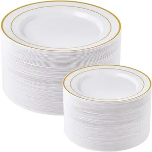 Gold silver rim white dessert plate sets chargers plastic wedding party restaurant dinner disposable charger plates dishes