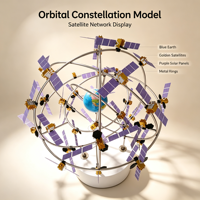 Model Tampilan Konstelasi Satelit dengan Bumi Biru, Satelit Emas, Panel Surya Ungu, Cincin Orbit Logam, dan Alas Putih
