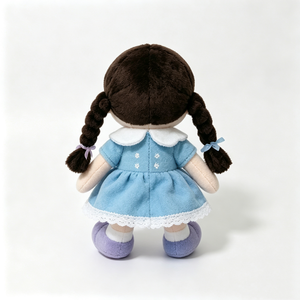 Muñeca de peluche personalizada para niña con vestido azul y ribete de encaje, muñeca de peluche con coletas trenzadas y lazos de cinta, encantadora muñeca de trapo de peluche. - Product Image 3