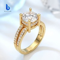 Bague de fiançailles en or 18 carats avec diamant de laboratoire, 4 griffes, tige fendue et pierres latérales, pour femme
