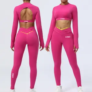 SM2326 Women's Breathable Quick-Dry Cross Waist Yoga Suit Long Sleeve Two-Piece Set For Outdoor Sports And Fitness