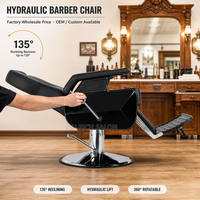 Fauteuil de barbier vintage noir chromé, hydraulique, inclinable, avec rotation à 360 degrés et repose-pieds chromé
