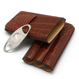 Alligator Leather Simple Design Alligators Cigar Case For Travel 3 Finger Cigars With Cutter Holder Case