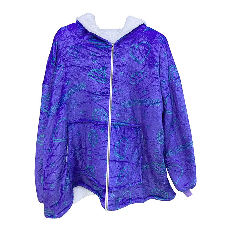Food flower printing blue flannel hoodie blanket OEM supplier sweatshirt blanket hoodie