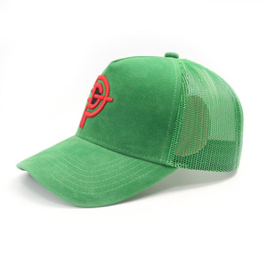 Haute qualité personnalisé 3D bouffée broderie maille Design Vintage couleur contraste cinq panneaux vert velours daim camionneur chapeau casquette - Product Image 3