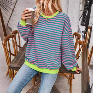 2024 femmes automne/hiver nouveau contraste de couleur col rond épaules dénudées à manches longues <span class=keywords><strong>sweat</strong></span> rayé ample - Product Image 5