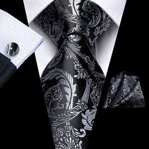 ربطات عنق حريرية سوداء ورمادية للرجال بنمط ثلاثي الأبعاد للحفلات الرسمية وحفلات الزفاف مع منديل وأزرار أكمام كهدية - Product Image 4