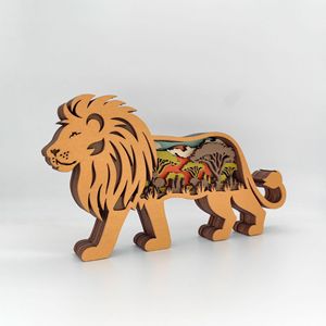 Uionen Multi-Layer Hollow Carved Wooden Lion Figurine Creative Animal Craft Home Desktop Decorative <b>Ornament</b> - Product Image 1