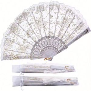Abanico Plegable de Bambú con Flores de Encaje Pintadas, Estilo Chino, Regalo de Boda, Decoración para Fiestas de Baile con Polvo Dorado - Product Image 1