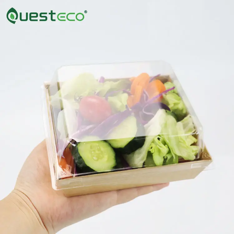 Questeco ब्राउन वर्ग सलाद क्राफ्ट पेपर चीज़केक बॉक्स 12x11x6.5cm Takeaway सलाद बॉक्स नाश्ता सुशी खाद्य प्लास्टिक के ढक्कन के साथ ट्रे