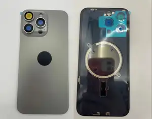 IPhone 15 15Plus 15Pro 15Pro Max 용 소형 금속판 프레임 마그네틱 후면 유리 배터리 커버가있는 후면 도어 하우징 교체