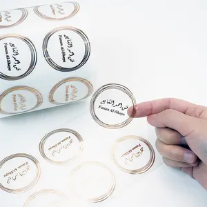 방수 접착제 사용자 정의 아름답게 인쇄 핫 스탬핑 로즈 골드 호일 투명 원 스티커 병 라벨