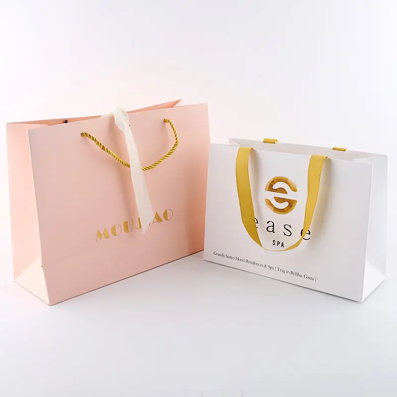 Tas belanja hadiah ritel merah muda pakaian kustom untuk logo cetak Anda sendiri dengan tas belanja perhiasan tas hadiah kertas