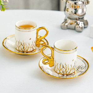 Exquisite Gold Ceramic Coffee <b>Cup</b> And Saucer <b>Set</b> For Afternoon <b>Tea</b> Home Use Cylinder Shape With Handle - Product Image 3