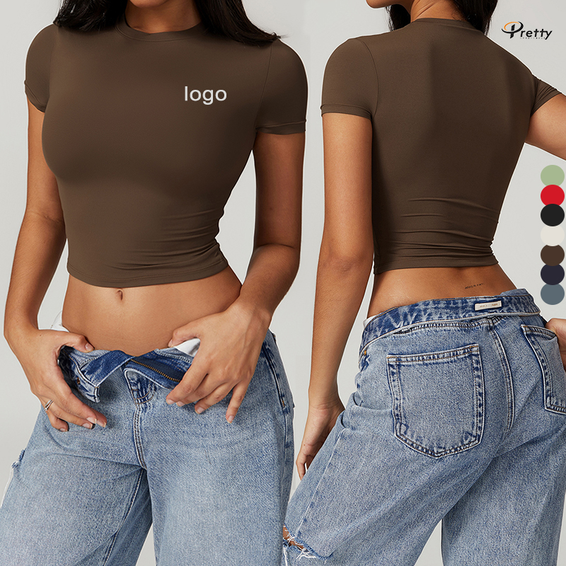 Custom Popular Comfortable Layered Activewear Women Brushed Short Sleeve Shirt Double Layer Crop Top Lightweight Yoga Tank Top