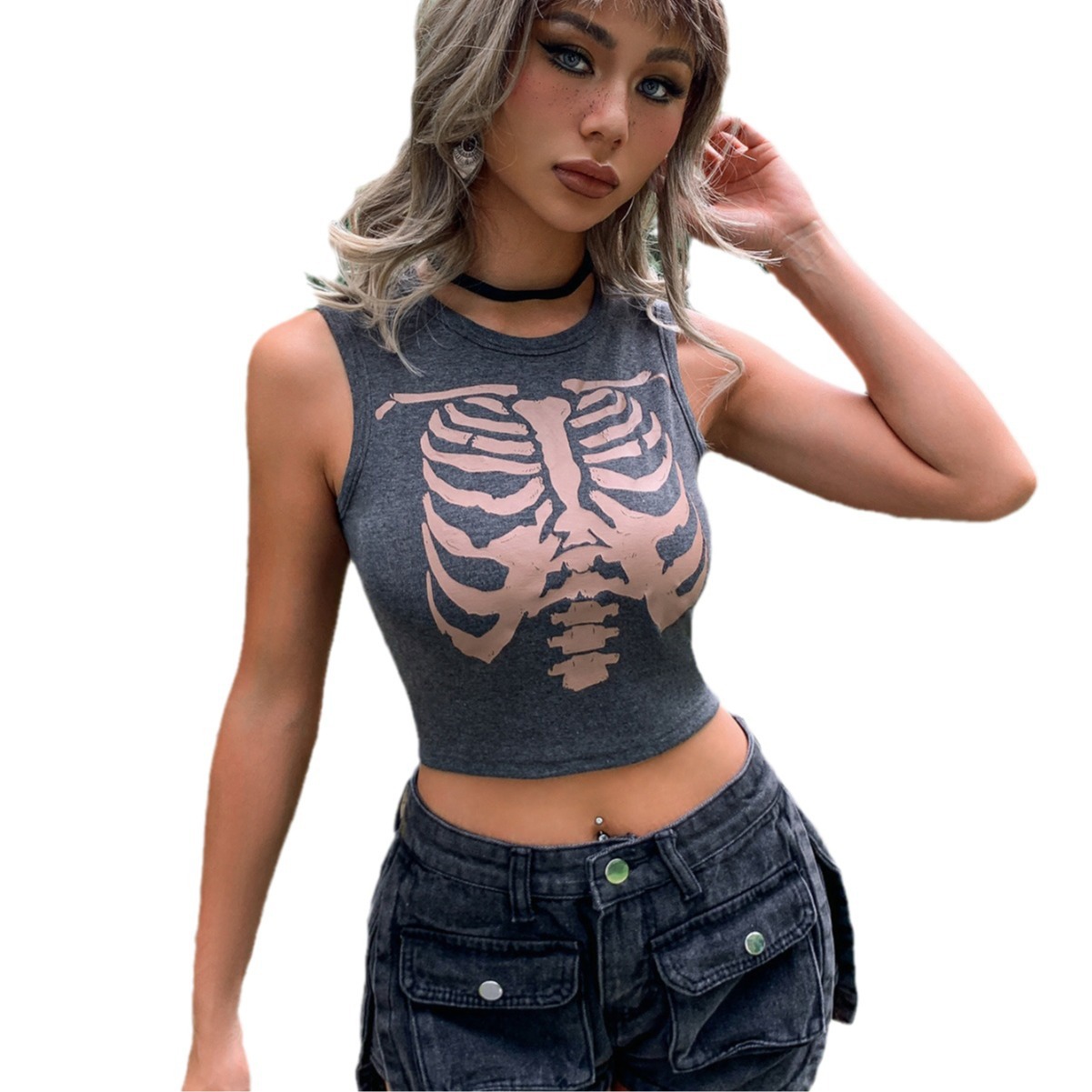 2025 European and Summer New Independent Station Grunge Skull Print Round Neck Cropped Women's T-shirt