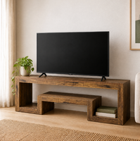 Meuble TV vintage en bois 63 pouces, centre de divertissement style ferme avec étagères ouvertes pour salon