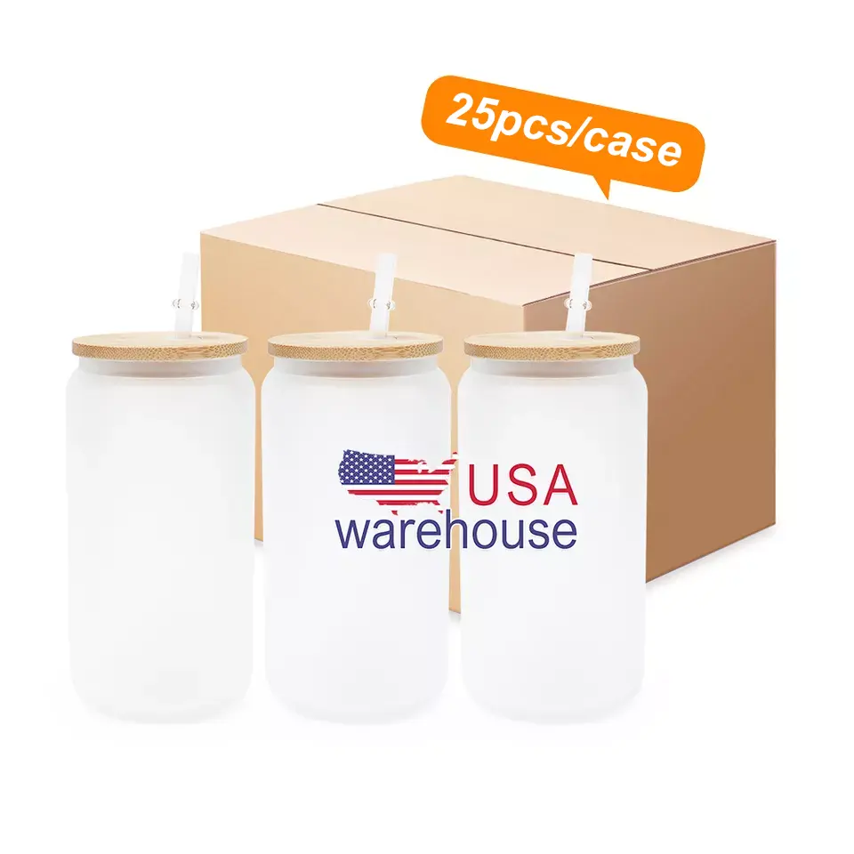 hot sale stocked 12oz 16oz frosted clear pink libbey sublimation beer can shaped glass cups bottle with bamboo lid and straw