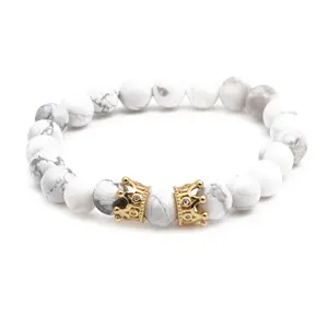 Fashion Jewelry Gift European Natural White Black Stone Onyx Men Beads Marble Bead Double Crown Lion Head Charms Bracelet