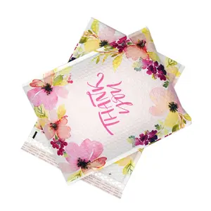 Bolsa de polietileno de plástico con estampado floral, sobre con logotipo personalizado, con mensaje de agradecimiento