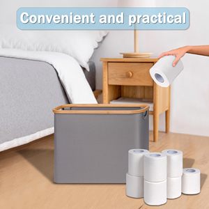 Custom Bamboo Toilet Paper Organizer for Bathroom <b>Collapsible</b> <b>Storage</b> Basket with Lid Handle - Product Image 6