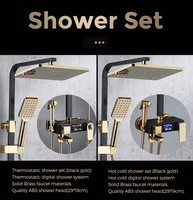 Ensemble de douche moderne avec barre coulissante, finition laiton brossé, commande thermostatique, pommeau de douche carré, fixation murale, buse pressurisée, idéal appartement