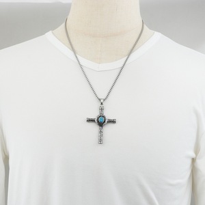 yunnique <b>Cross</b> Pendant Necklace Stainless Steel Turquoise Inlay Men's Jewelry Gift Geometric Design Box <b>Chain</b> 600cm - Product Image 2