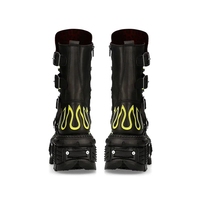 Bottes à plateforme gothiques punk, noires et jaunes, à motif flamme, talon de 8 cm, en cuir PU, chaussures unisexes, taille 35-45
