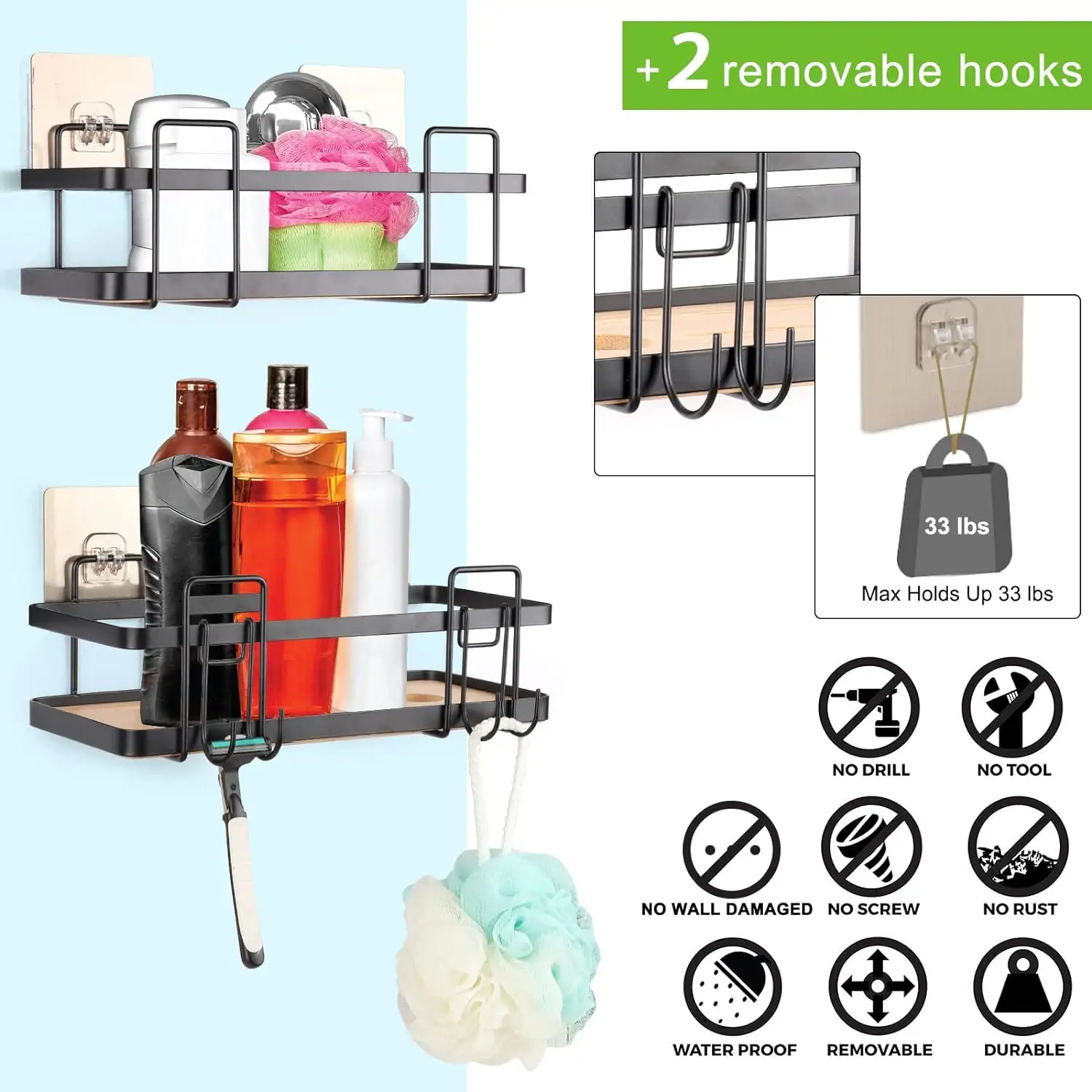 Set Van 2 Muur Gemonteerde Douche Caddy Organizer Plank Voor Badkamer Keuken Met Bamboe Bodem