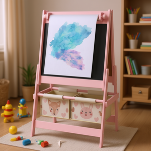 Chevalet d'art pour enfants en bois rose avec rouleau de papier, tableau noir, tableau blanc et tiroirs de rangement - Product Image 2