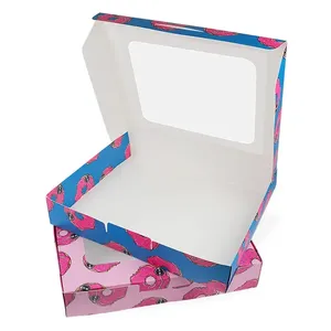 Boîte en carton ondulé rose personnalisée avec logo, imprimée quadricolore, réutilisable, auto-érectible, pliable, avec fenêtre carrée, pour donuts, vente en gros - Product Image 2
