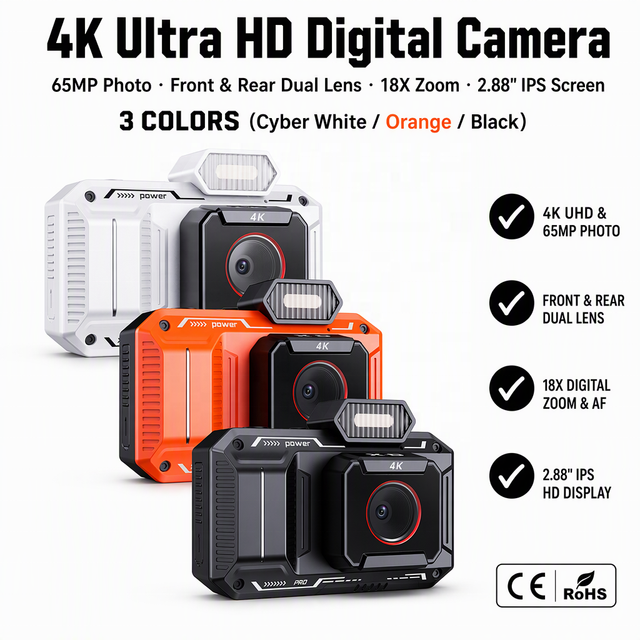 2.88 Inch Digital Camera 64MP Cam 18X Zoom Auto Focus Vlogging Dual Lens Fill Light Professional Video Recording Camera