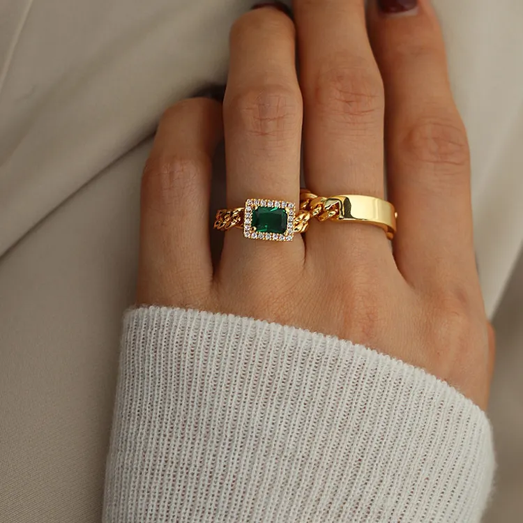 Fashion Brass 18K Gold Plated Cuban Ring Green Gemstone Diamond Rings Women Jewellery