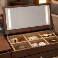 Coiffeuse en noyer style Mid-Century avec miroir LED relevable, armoire en verre cannelé, 4 tiroirs et tabouret