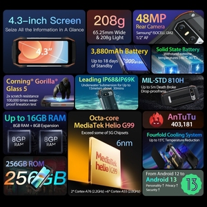 Dropshipping 8GB + 256GB, IP68 /MIL-STD-810H <span class=keywords><strong>Android</strong></span> 13 Mediatek mtk6789 Helio G99 <span class=keywords><strong>4.3</strong></span> inch Blackview N6000 với pin 3600mAh - Product Image 4