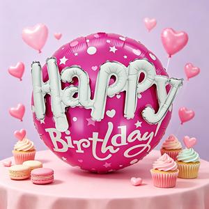 Palloncini Rotondi in Foil Metallizzato Fucsia 'Buon Compleanno' 56cm, Confezione da 12 Pezzi, Decorazioni per Feste - Product Image 3