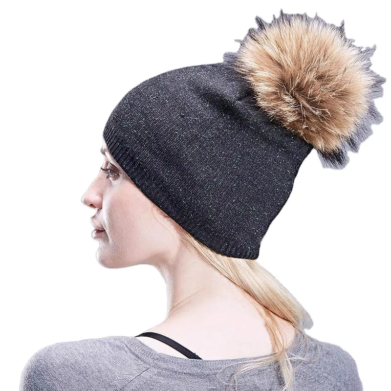 Gorro de lana de Invierno para mujer, gorro de punto con pompón, gorros cálidos de punto con bola grande de pompones de piel de mapache