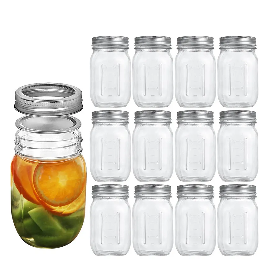 DD1826 Kitchen Clear Jam Honey Storage Scale Container 16 oz Glass Mason Jars with Regular Airtight and Straw Lids