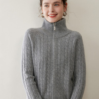 Nouveau cardigan élégant pour femmes, chaud et amincissant, respirant, col roulé, 100% cachemire, fermeture éclair, tricot torsadé à fleurs