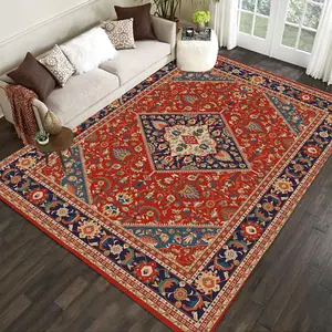 Indoor Thin Rug Foldable, Floral Print Washable Distressed Oriental Non-Slip Non-Shedding Print Floor Carpet for Home Rust/