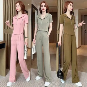 Women's Fashionable Sportswear Set Short Sleeve Wide Leg Pants Casual Two Piece Summer 2025 Zipper Design Slimming Elegant - Product Image 1