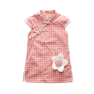 Vestido Cheongsam de Verano con Estampado a Cuadros y Manga Corta Estilo Han Chino para Niñas - Product Image 1