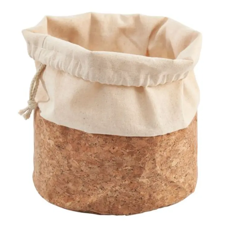 raw cotton fabric and organic cork tomato basket with drawstring closure
